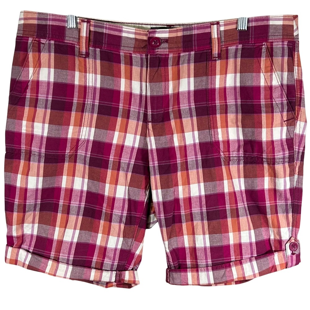 Eddie Bauer Womens Pink Orange Plaid Cotton Cuffed Hiking Shorts Size 14